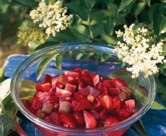 Fläder- och rabarberkompott med jordgubbar