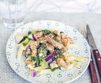 Snabb kycklingsallad med rostade sesamfrön och senapsdressing.