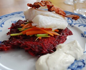 Lättsaltad torskrygg med rödbetsrösti och pepparrotscreme