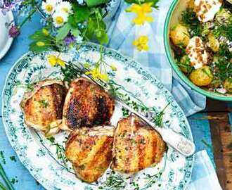 Grillade kycklinglår med sallad på färskpotatis, gräddfil, rödlök och örter