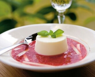 Rabarber- och jordgubbssoppa med yoghurtpanna cotta