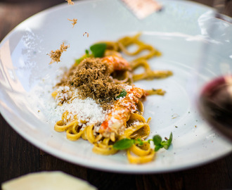 Tryffeltagliatelle med halstrad havskräfta, riven tryffel och parmesan