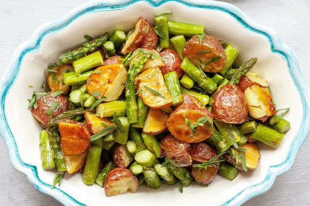 Roasted Potatoes and Asparagus with Lemon-Mustard Dressing