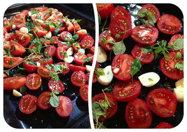 Långrostade tomater med färska örter, vitlök, havssalt & olivolja