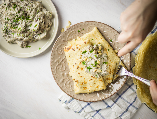 Savoury crepes filled with mushrooms & cashew cream