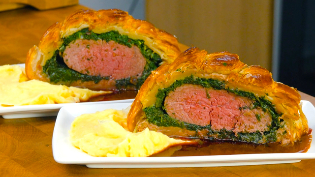 Beef Wellington With Garlic Sautéed Spinach Wrapped In Puff Pastry