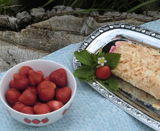 Glutenfri, frusen maräng- och kokosrulle med syrlig citronkräm och jordgubbar