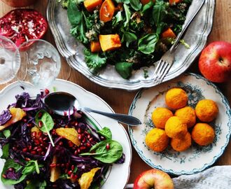 En grönare jul - saffransfalafel, pumpa & grönkålssallad med valnötspesto och rödkålssallad med apelsin