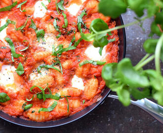 One-pan gnocchi med tomatsås, mozzarella & basilika