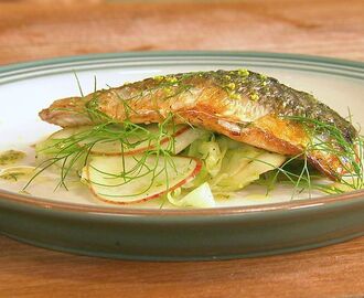 Stekt makrill med sallad på äpple och fänkål