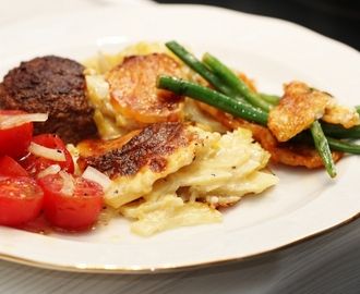 Parmesanbiffar, potatisgratäng, två grönsakstillbehör och bortglömt citron- och vitlökssmör