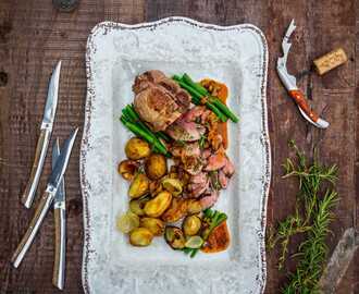 Örtig lammstek med potatis, lök och svampsky