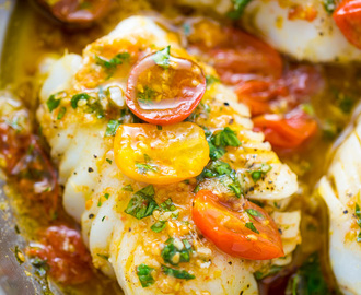 Pan-Seared Cod in White Wine Tomato Basil Sauce