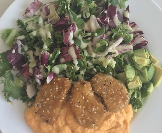 En maträtt med vegetariska biffar en hemgjord sötpotatis och morots puré med en sallad och vegansk dressing 