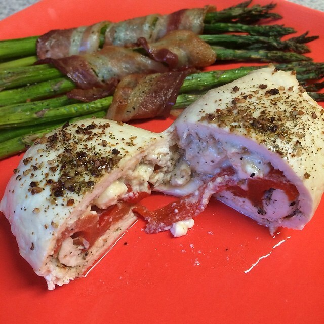 Feta and Roasted Pepper Baked Chicken and Bacon Wrapped Asparagus