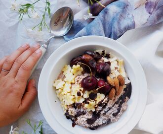 Overnight Chocolate Porridge w Banana Stars and Chocolate Sauce