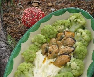 Lättlagad blomkålsgratäng med rökta musslor och halloumi