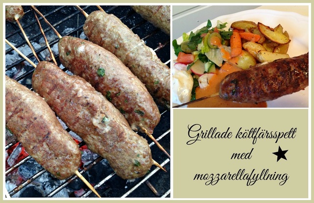 Grillade köttfärsspett med mozzarellafyllning