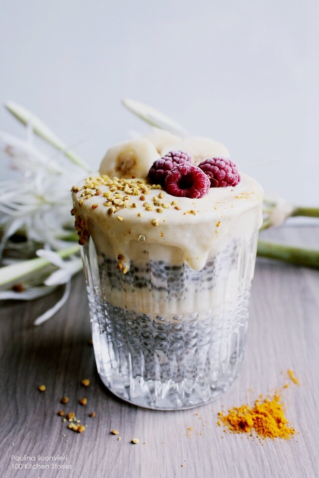 Vanilla Chia Pudding with Turmeric & Ginger Ice Cream and Bee Pollen
