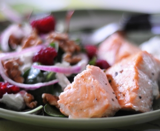 Sallad med getost, rödlök och hallon med lax och krassesås