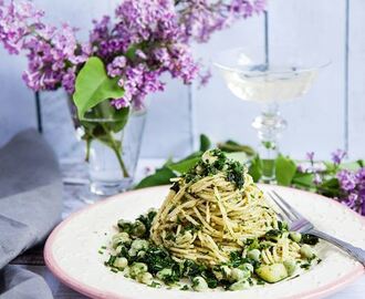 Pasta med grönkålspesto, bondbönor och zucchini