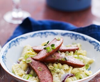 Krämig pasta med kryddkorv, Timjan & Salladslök i senap och dragonsås