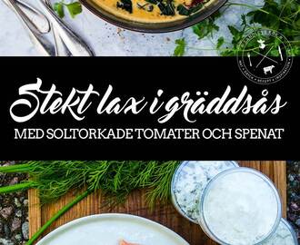 Stekt lax i gräddsås med soltorkade tomater och spenat