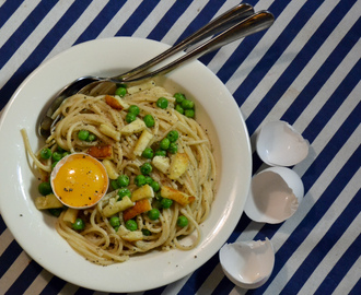 Spaghetti alla carbonara med halloumi