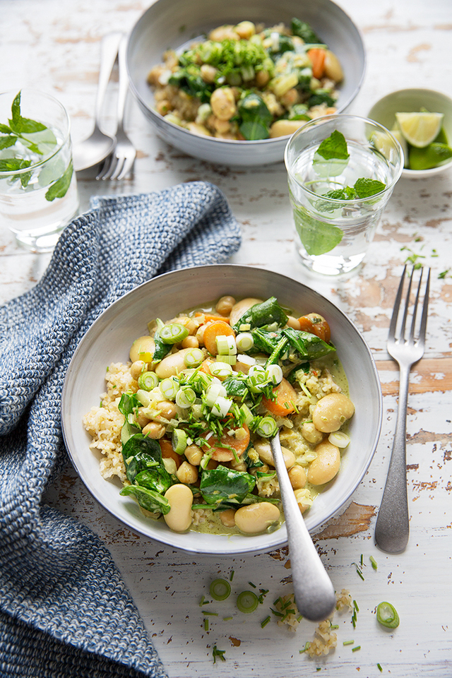 A Green Coconut Curry with Chickpeas and Beans