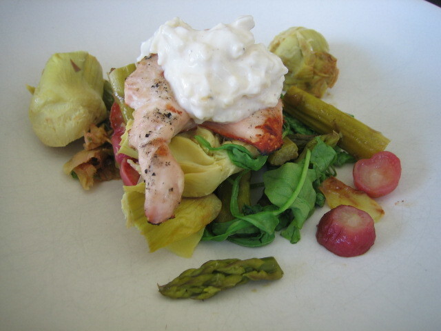 Kycklingcarpaccio med varma sommargrönsaker och parmesanostcreme