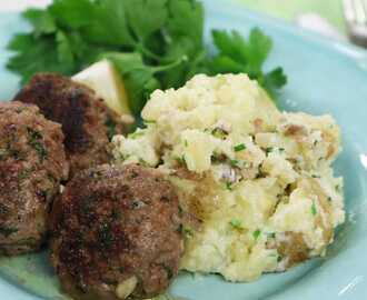 Vitlöksstekta köttbullar med färskpotatisstomp