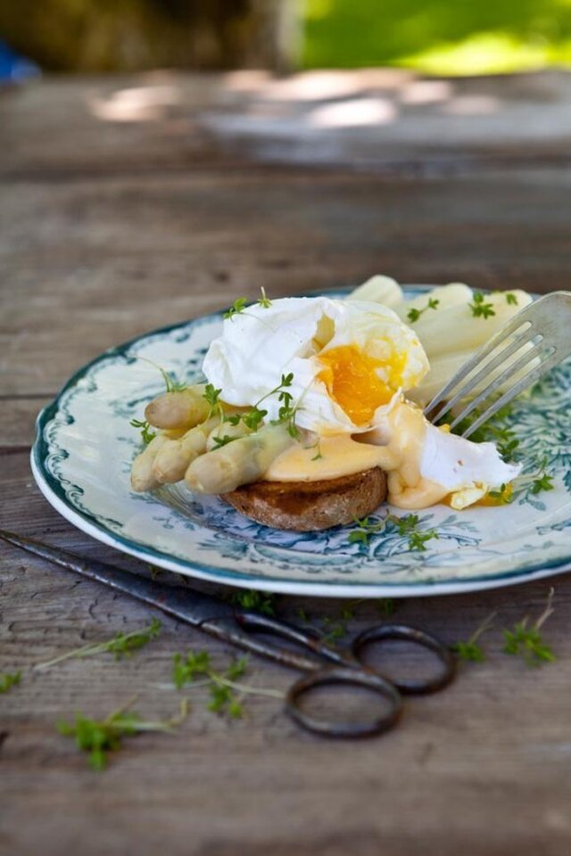 Vit sparris med pocherat ägg, citronhollandaise och krasse