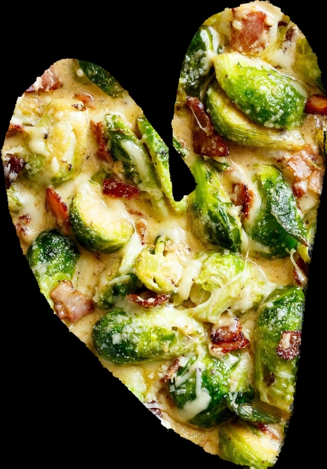 creamy brussels sprouts 
with bacon garlic parmesan 