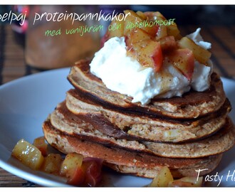 "Pannkakssöndag: Äpplelpaj proteinpannkakor med vaniljkräm och äppelkompott" och träningstips