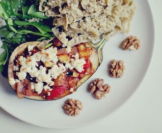 Ugnsbakad ratatouille med bönpasta & buffelost