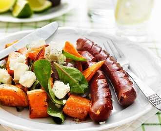 Rostad sötpotatis med merguez och olivsallad