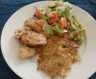 Potatis och rotsaksrösti med kyckling och avokadoröra