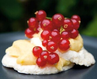 Marängtårta med mangocurd och vinbär