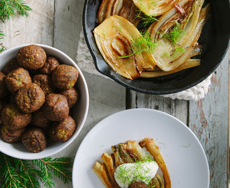 Honningglasert fennikel med falafel og fennikeldill