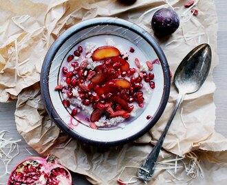 Gluten Free Vanilla Buckwheat Porridge with Pomegrante, Plums and Agave Syrup