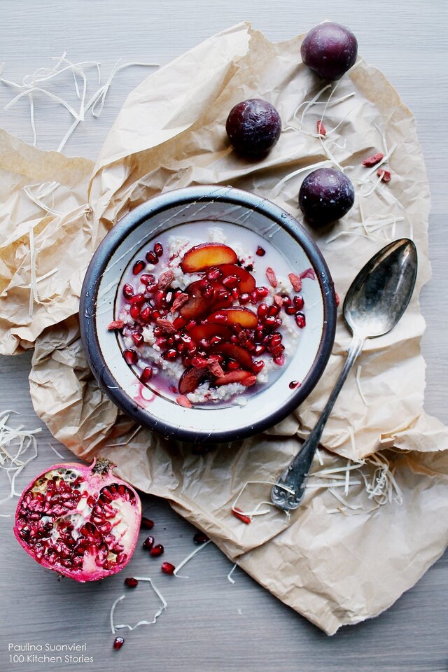 Gluten Free Vanilla Buckwheat Porridge with Pomegrante, Plums and Agave Syrup