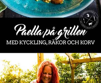 Paella på grillen med kyckling, räkor och korv