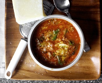 lentil soup with sausage, chard and garlic