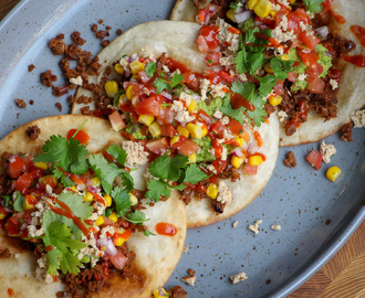 Toastadas med chilisalsa, grönärtsguacamole och tacofärs på Pease – Friterad Tacos!!!