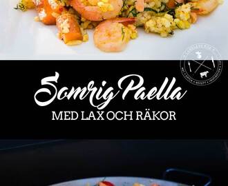 Paella med lax och räkor