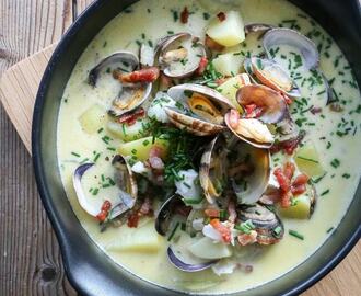 Clam chowder – cremet muslingesuppe med kartofler og bacon