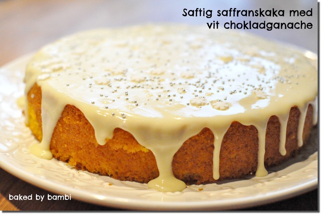 Saftig saffranskaka med vit chokladganache