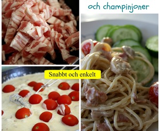 Pasta med bacon och champinjoner