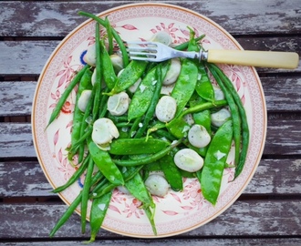 Varm skördesallad med bondbönor, brytbönor och sockerärtor