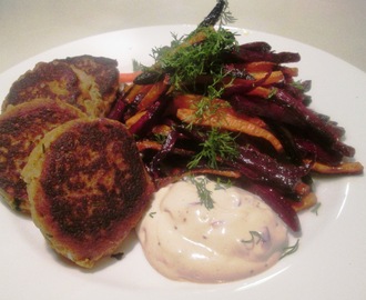 Torskerognsfrikadeller med Rodfrugtfritter og Kryddermayo